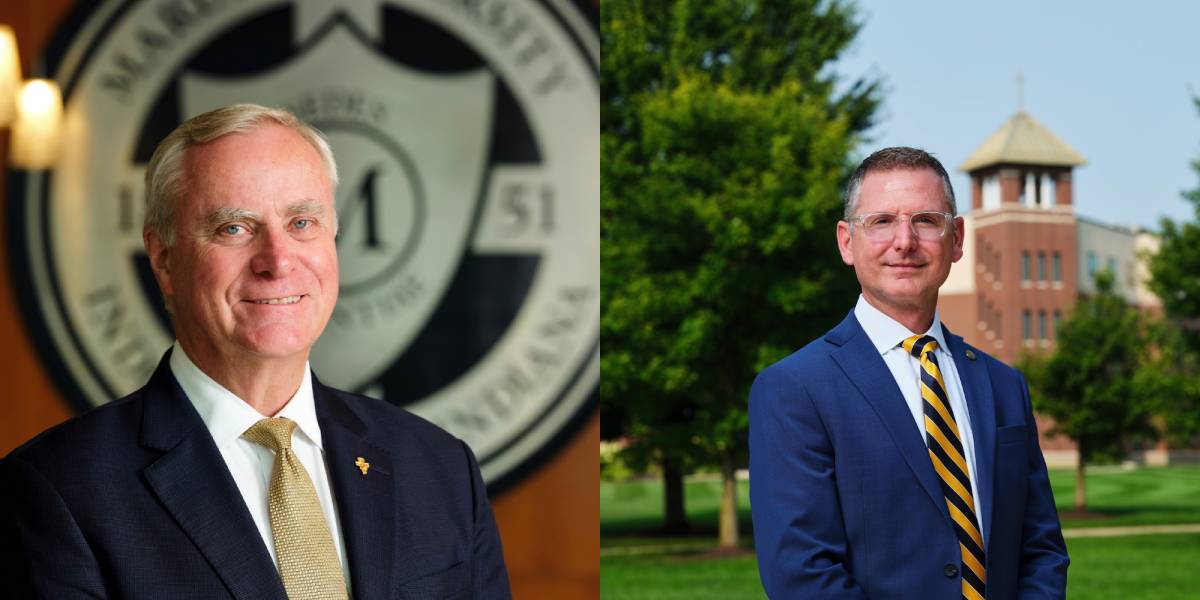 Side-by-side portraits of two men in suits, one indoors in front of a large seal and one outdoors on a campus with trees and a tower in the background.